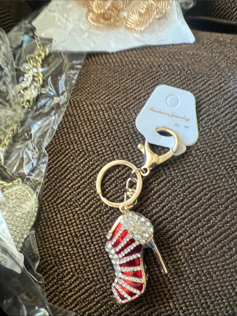 Gold & Red Crystal High Heel Keychain Charm - Women Shoes
